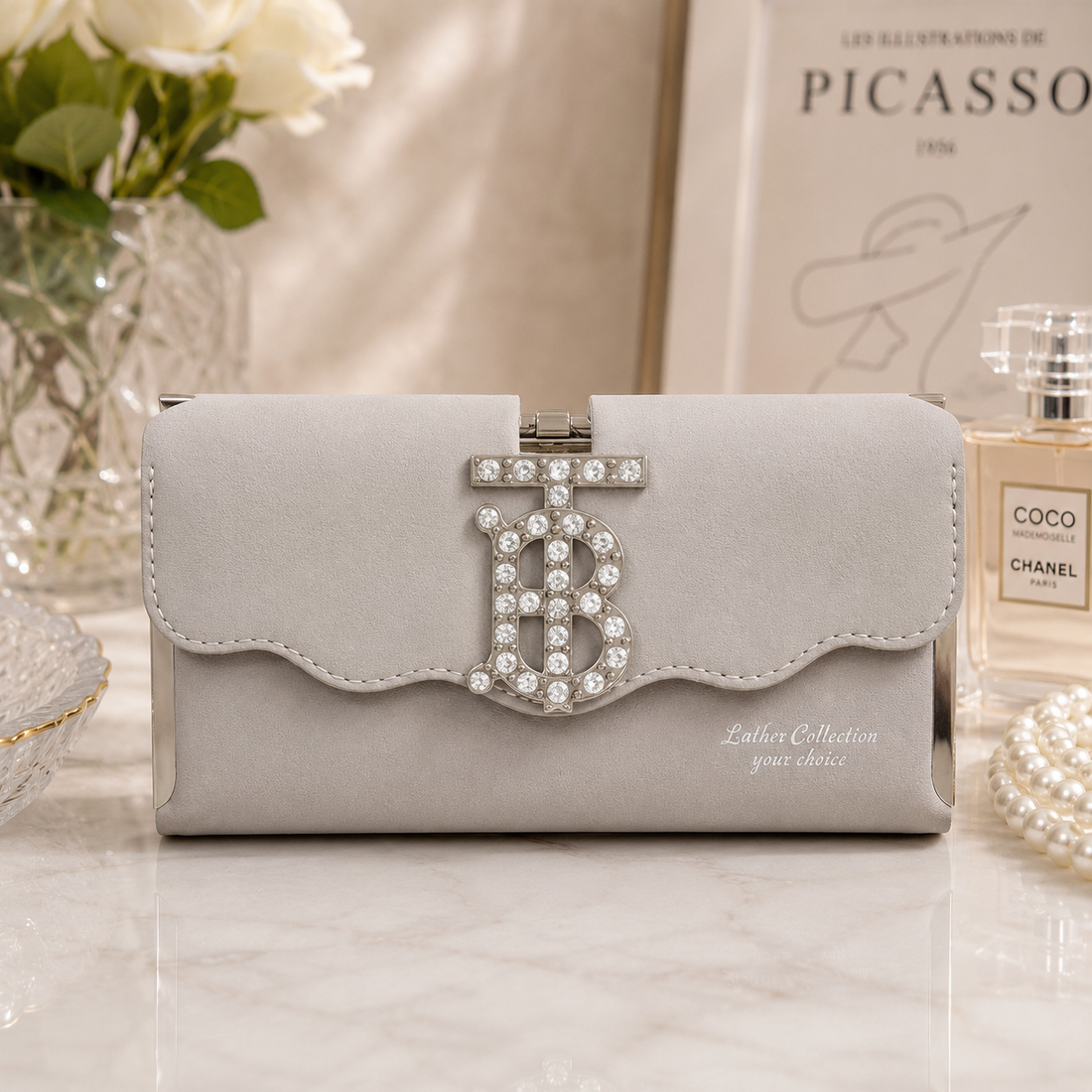 Grey Suede TB Crystal Wallet – model view