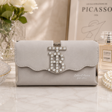 Grey Suede TB Crystal Wallet – model view