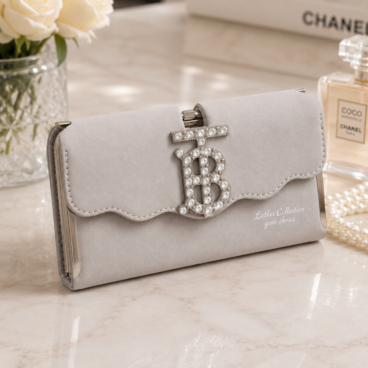 Grey Suede TB Crystal Wallet – front view