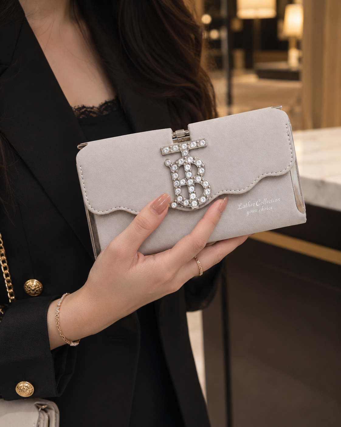 Grey Suede TB Crystal Wallet – flat view