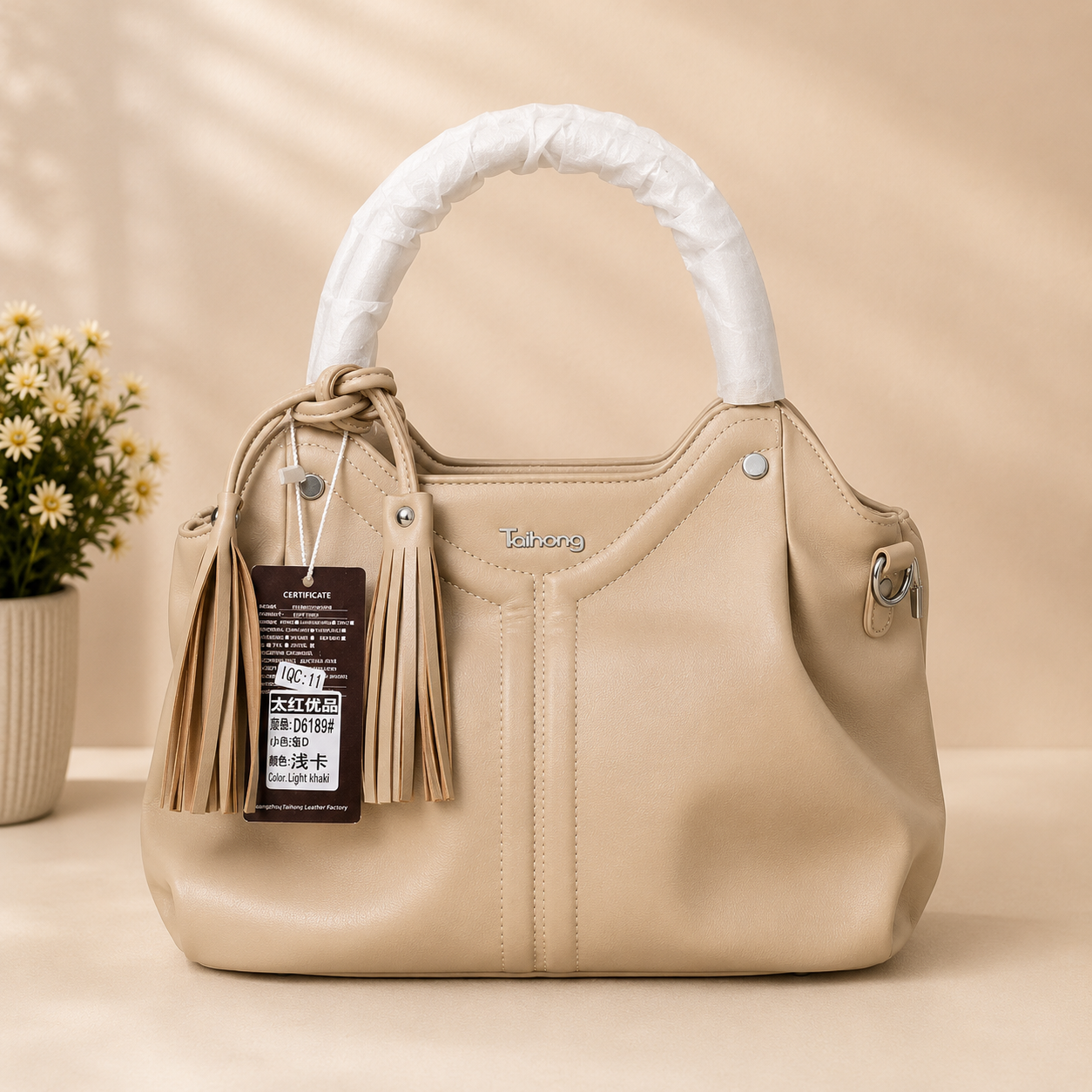 Beige Tassel Top Handle Handbag - Front View