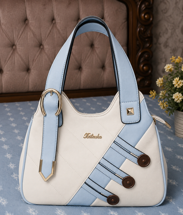 White Blue Two-Tone Button Detail Handbag - Side View