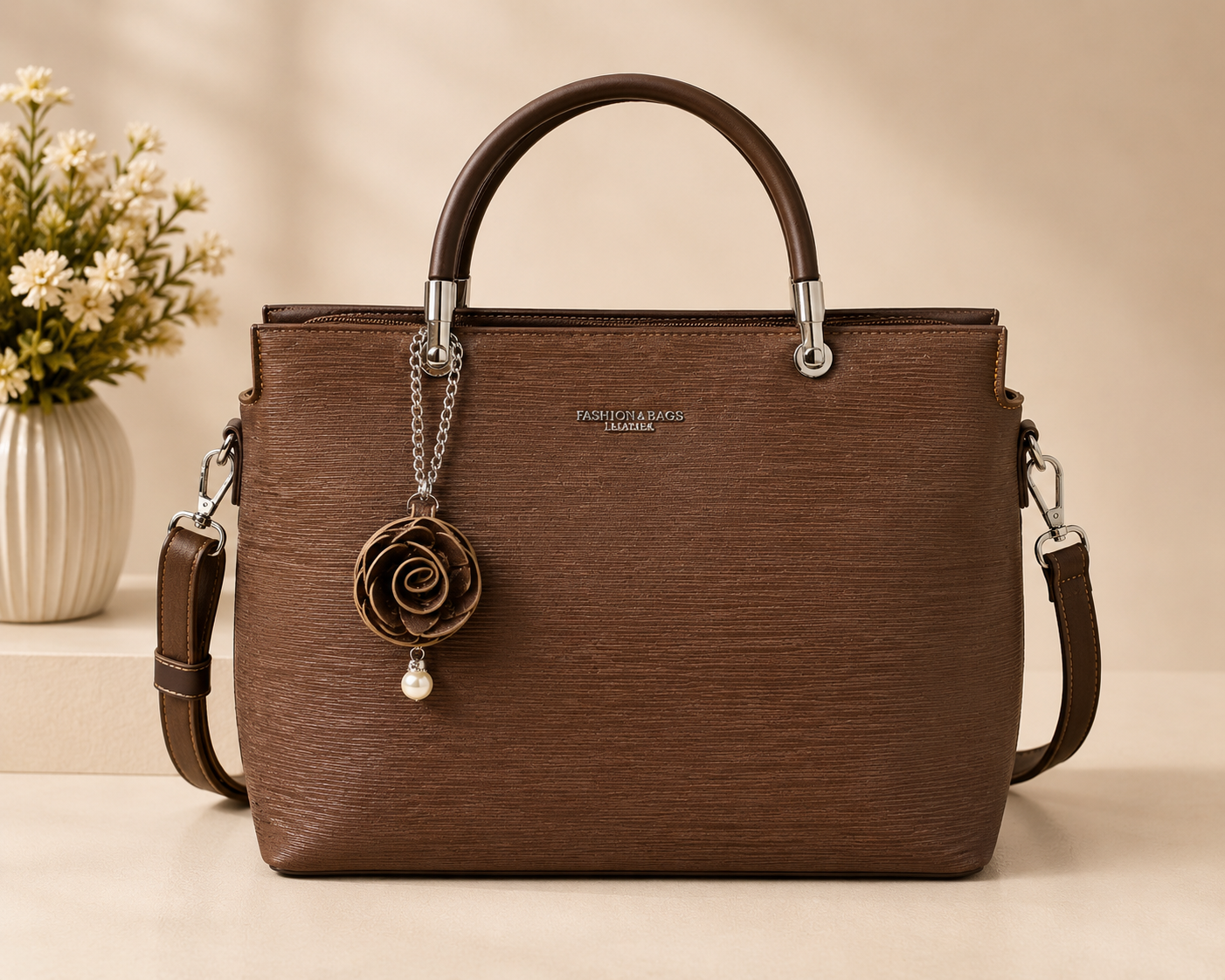 Brown Rose Charm Leather Handbag - Side View