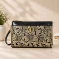 Black Gold Rose Floral Clutch Bag - Front View
