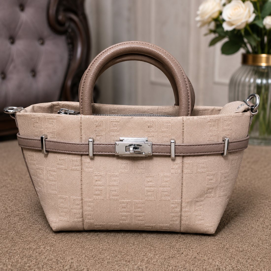 Beige Monogram Canvas Tote – front view