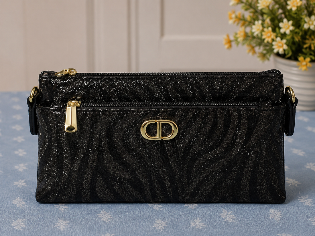Black Glitter Zebra Crossbody Clutch - Side View