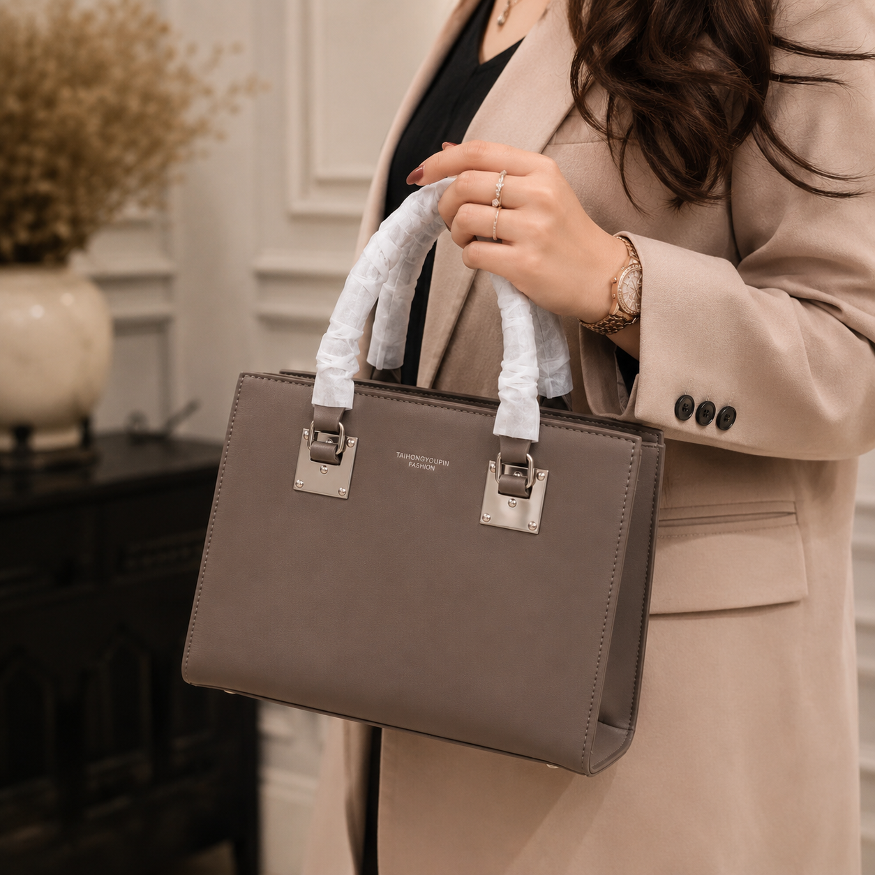 Grey Structured Lock Clasp Handbag - Model View 1