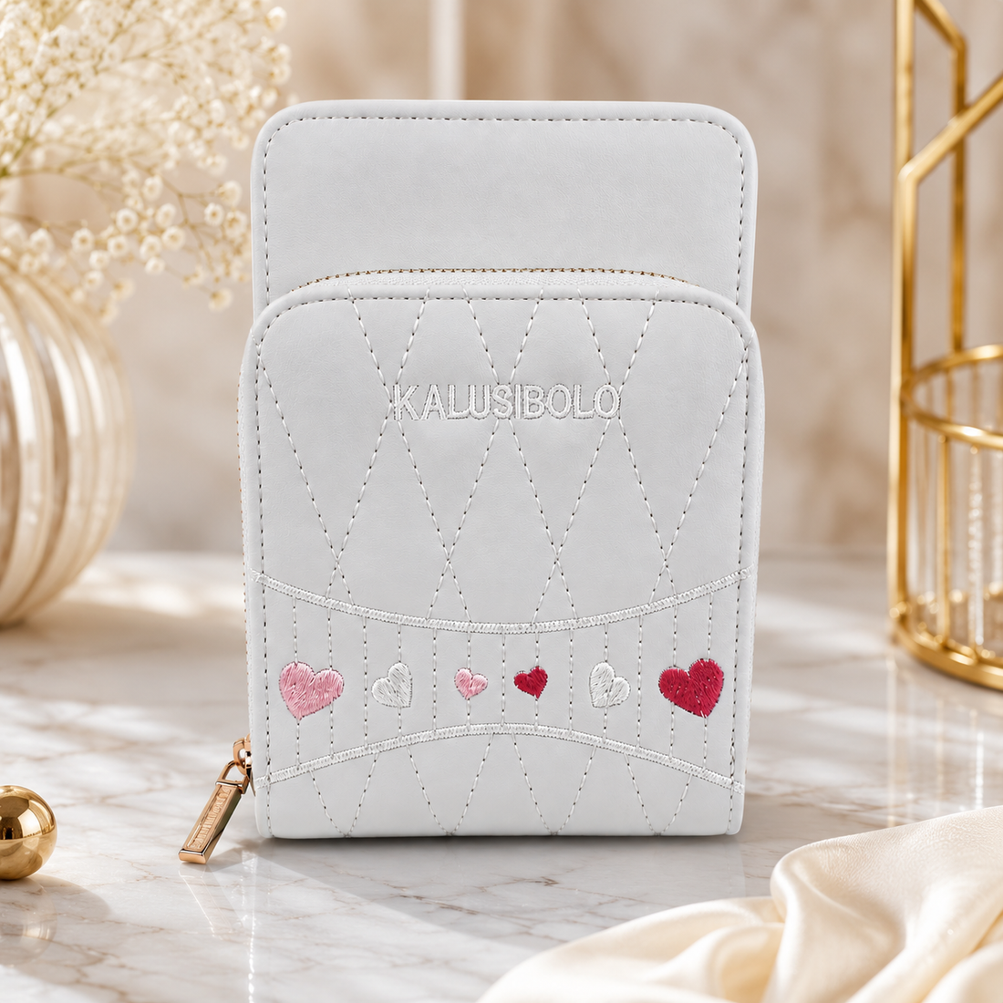 White Quilted Mobile Crossbody Wallet – model view