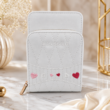 White Quilted Mobile Crossbody Wallet – model view