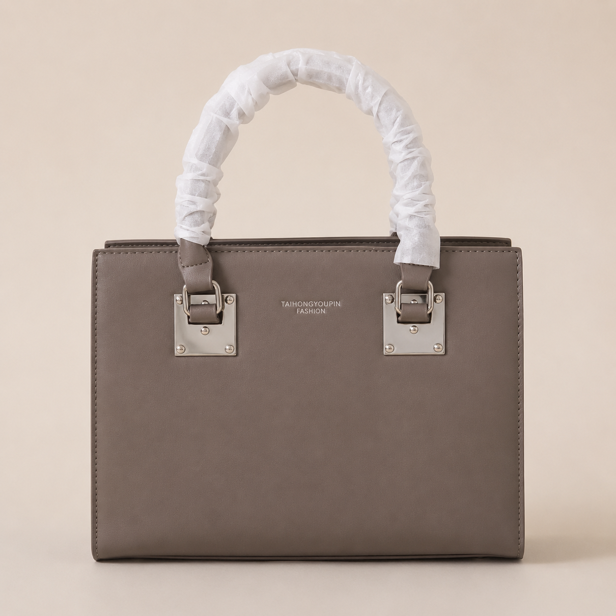 Grey Structured Lock Clasp Handbag - Front View