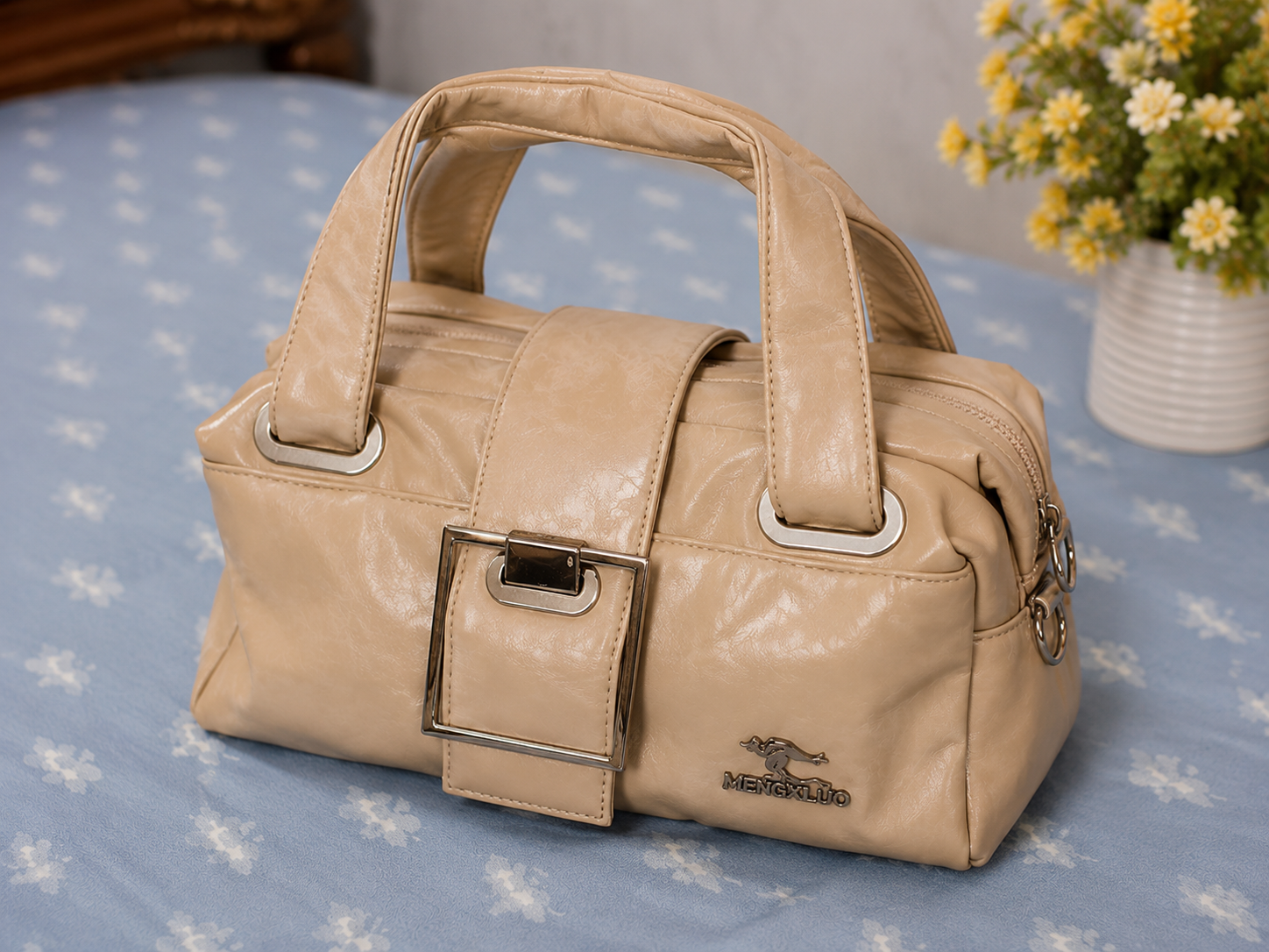 Cream Boston Buckle Top Handle Handbag - Side View