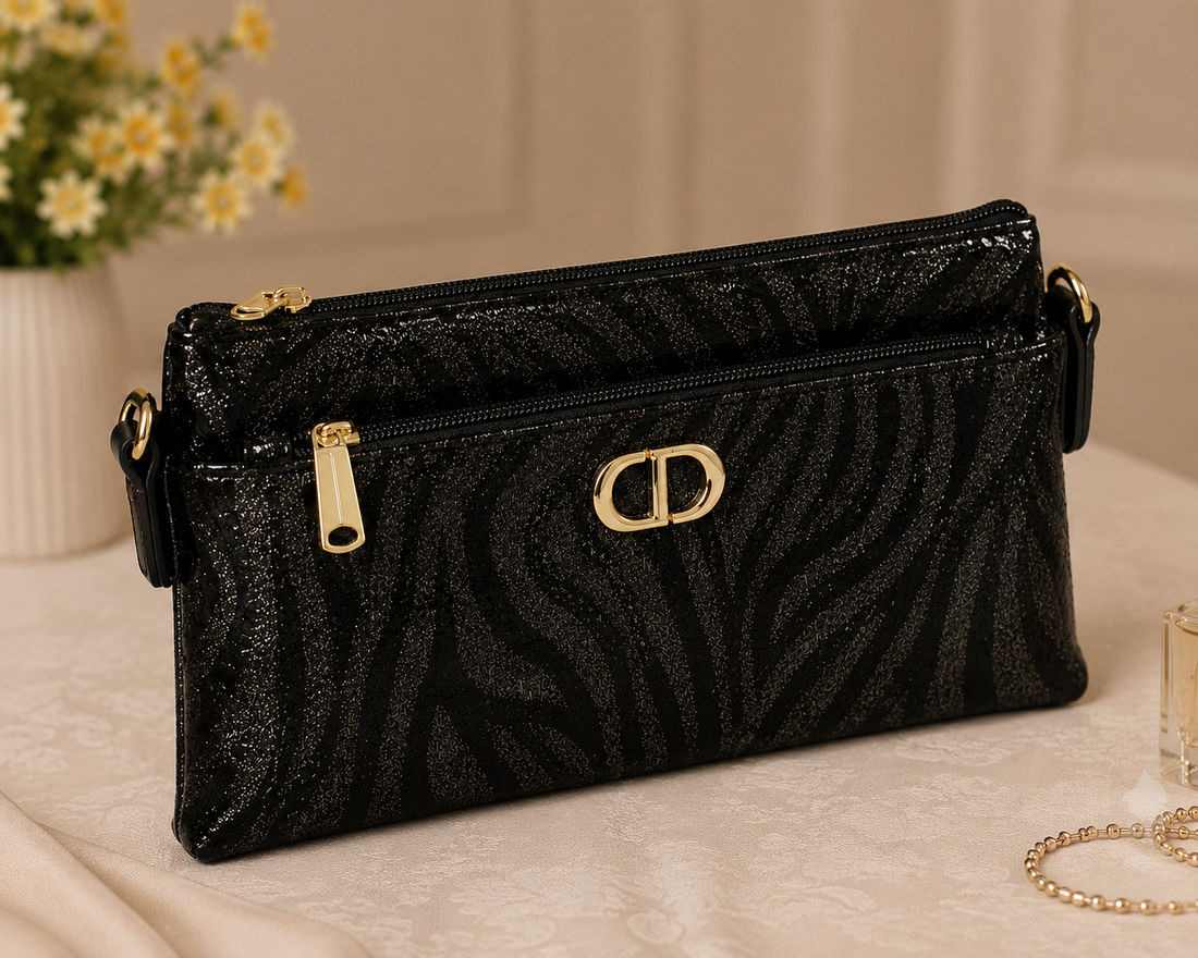 Black Glitter Zebra Crossbody Clutch - Side View