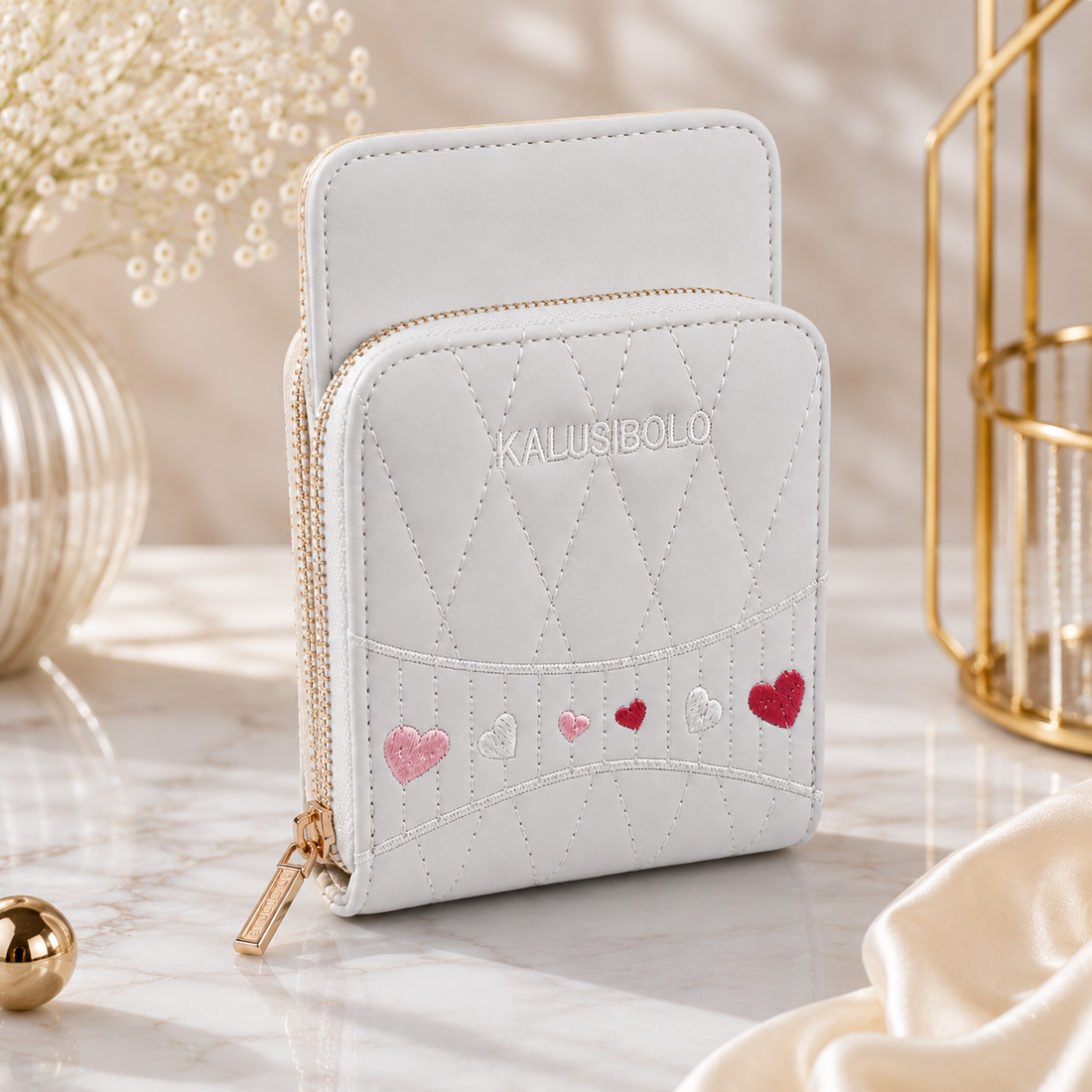 White Quilted Mobile Crossbody Wallet – model view