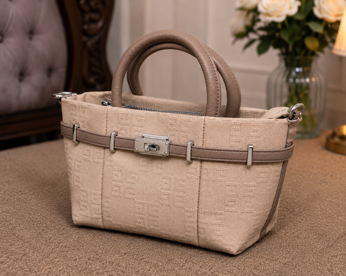 Beige Monogram Canvas Tote – front view