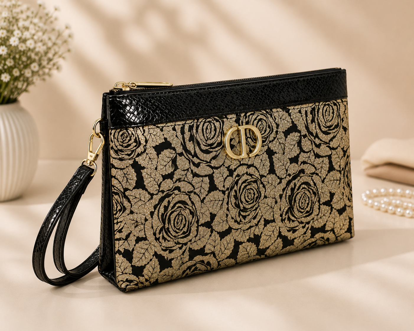 Black Gold Rose Floral Clutch Bag - Side View