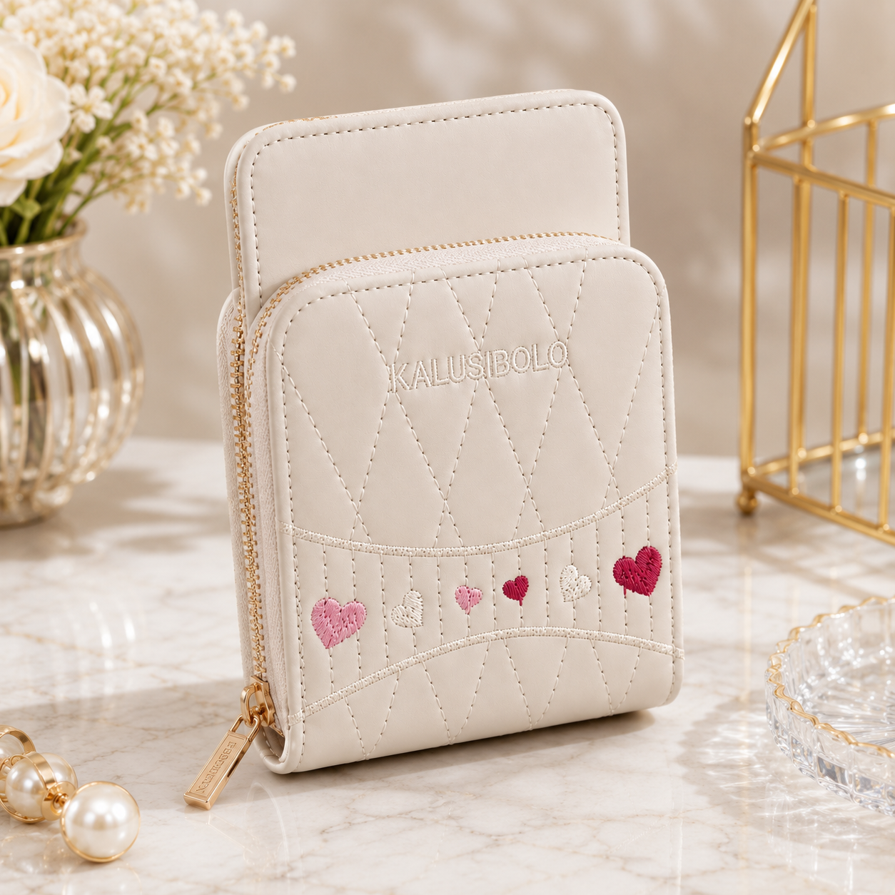 Cream Quilted Mobile Crossbody Wallet – front view