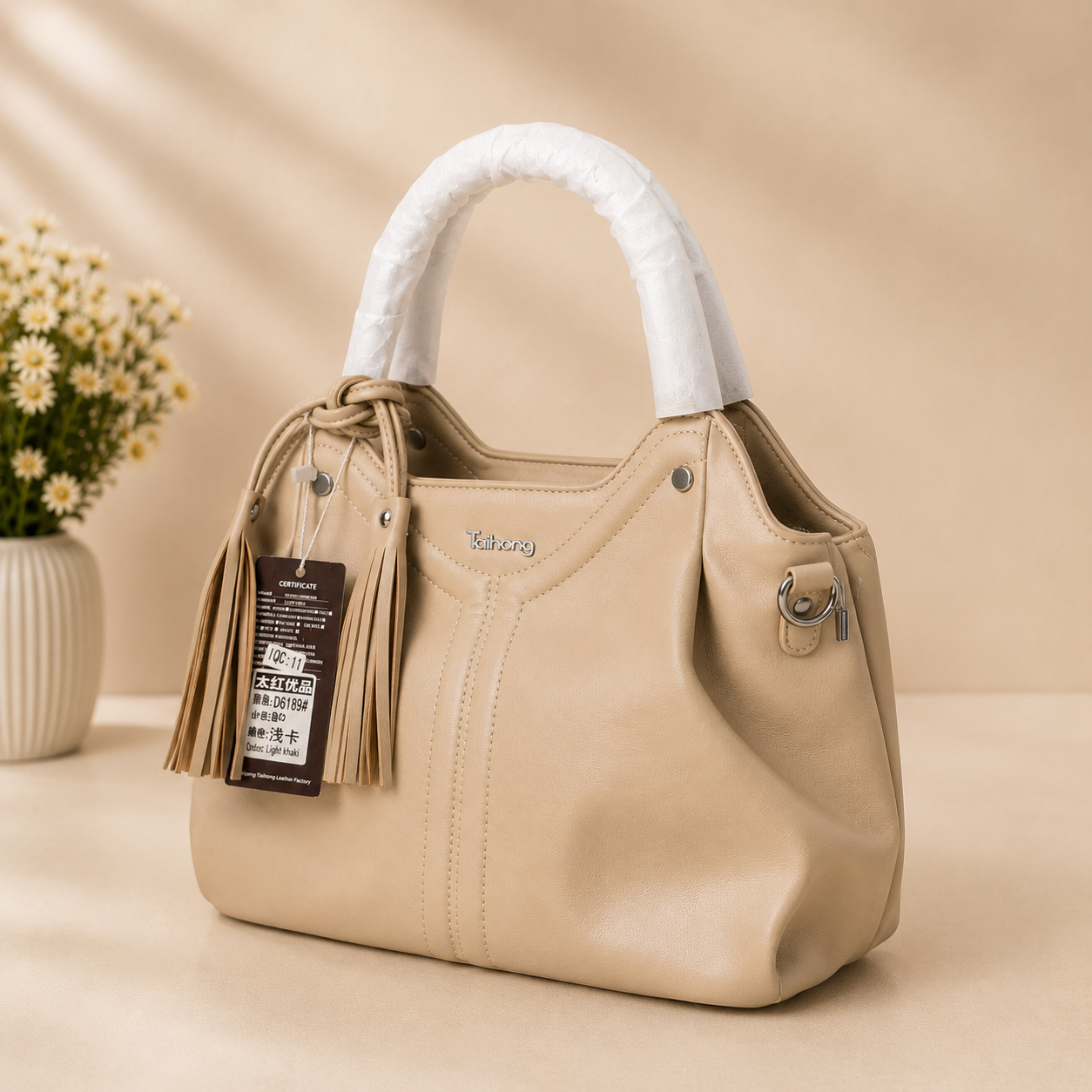 Beige Tassel Top Handle Handbag - Side View