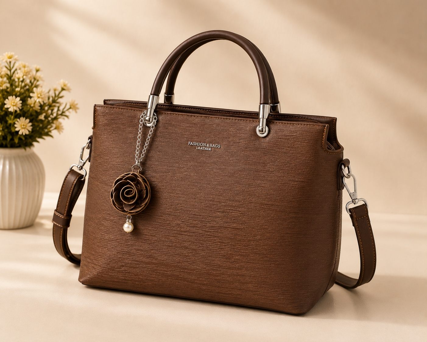 Brown Rose Charm Leather Handbag - Model View