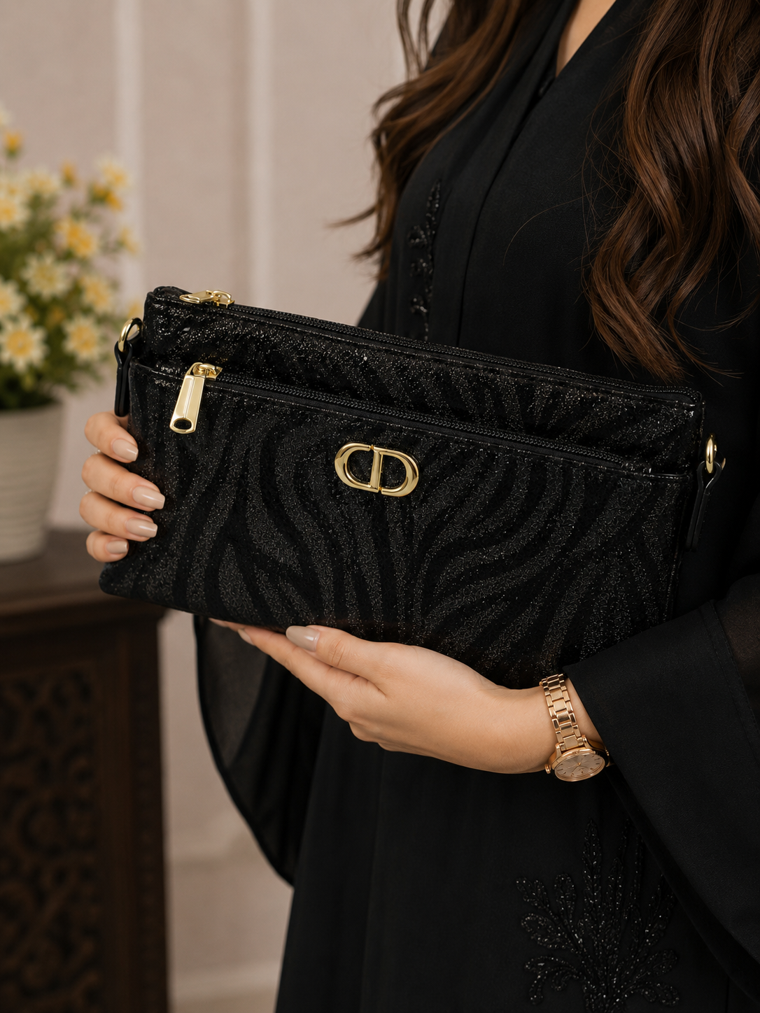 Black Glitter Zebra Crossbody Clutch - Model View