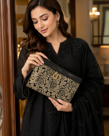 Black Gold Rose Floral Clutch Bag - Model View