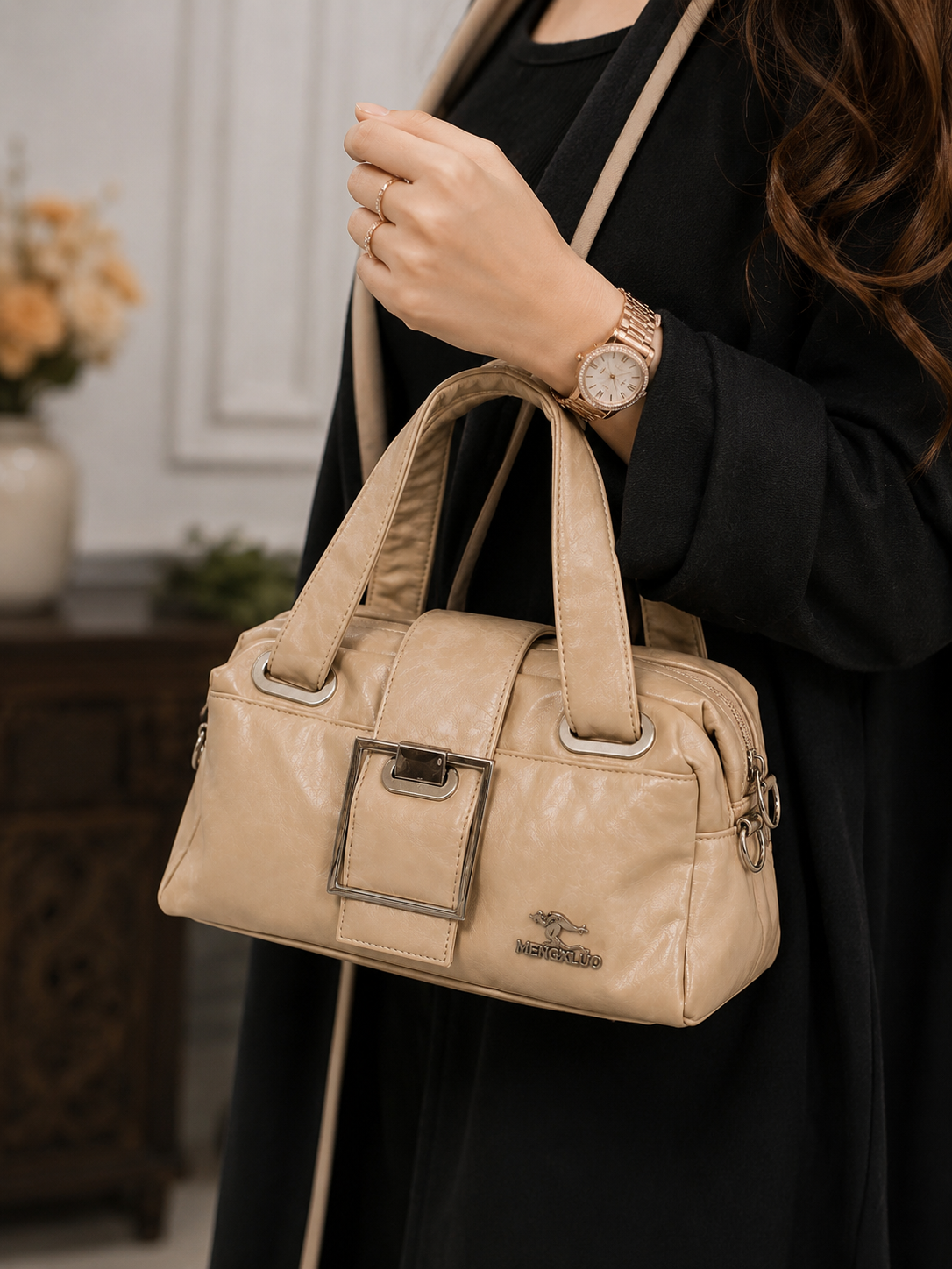 Cream Boston Buckle Top Handle Handbag - Model View