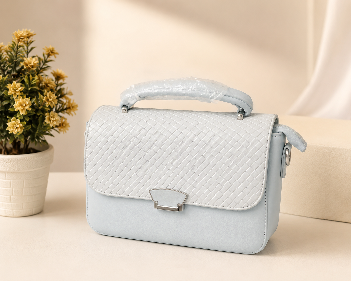 Light Blue Woven Top Handle Bag - Side View