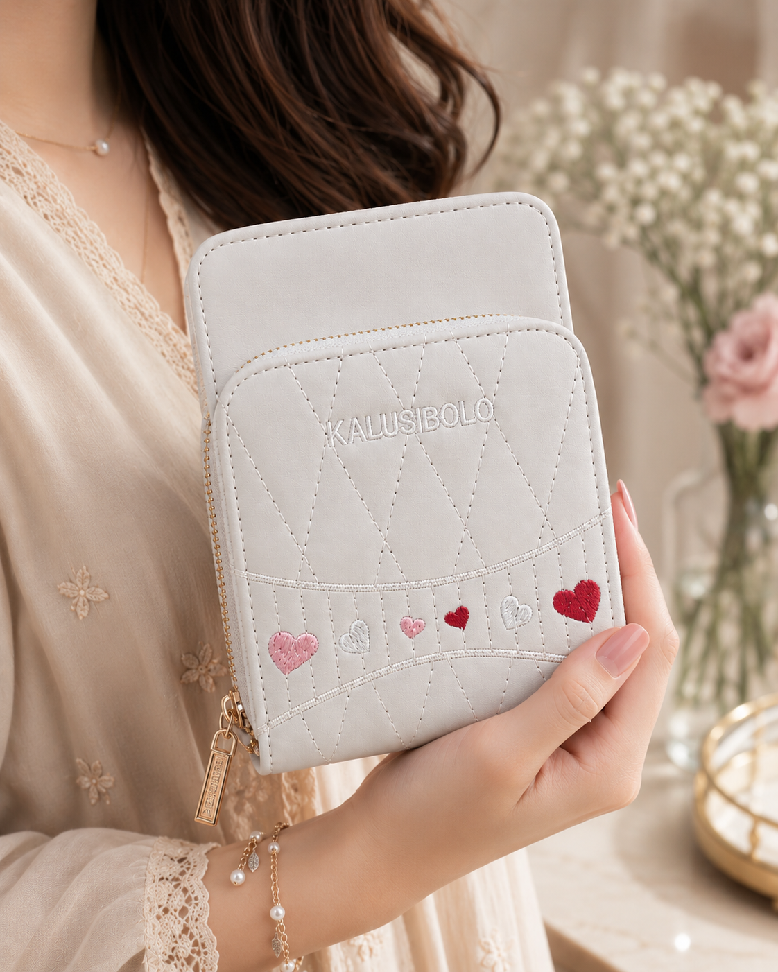 White Quilted Mobile Crossbody Wallet – detail view