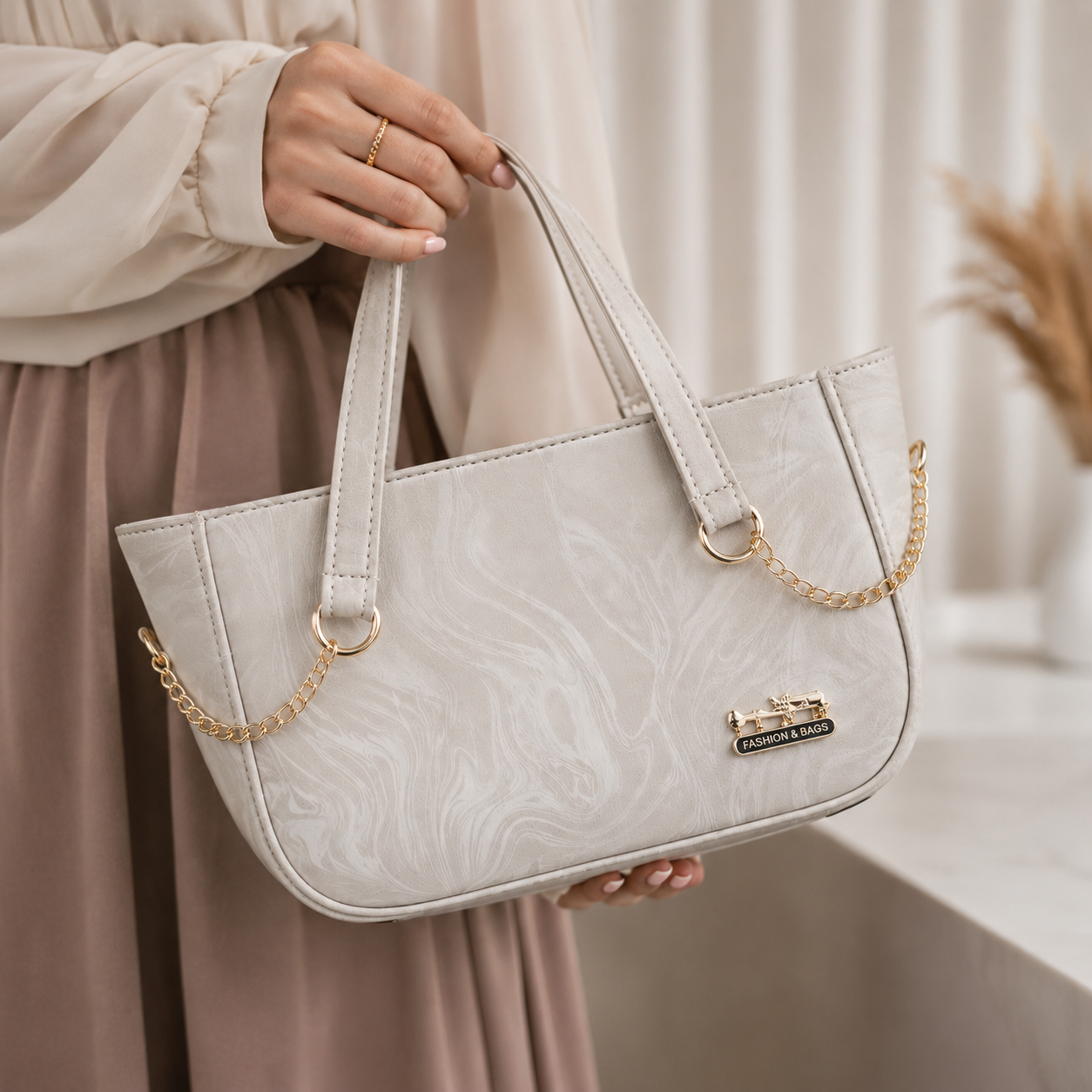 Pearl White Marble Tote Bag – side view
