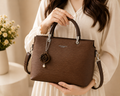 Brown Rose Charm Leather Handbag - Front View