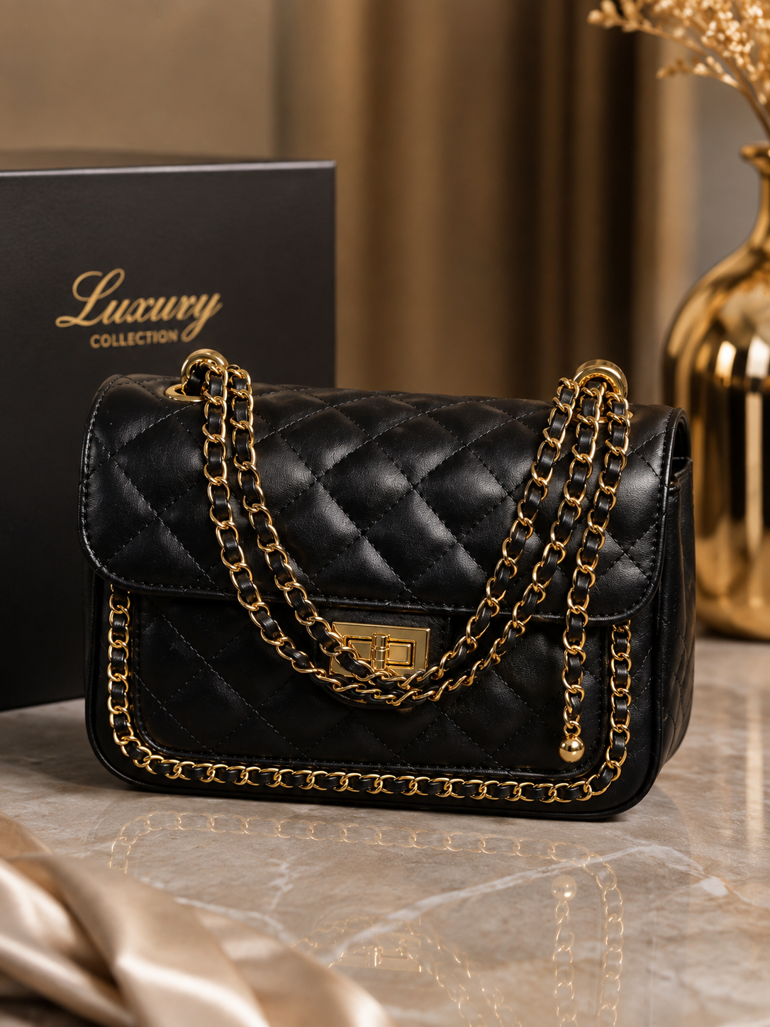 Black quilted chain shoulder bag product shot