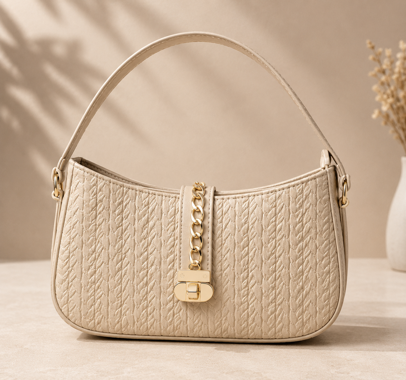 Cream Woven Baguette Bag – model view