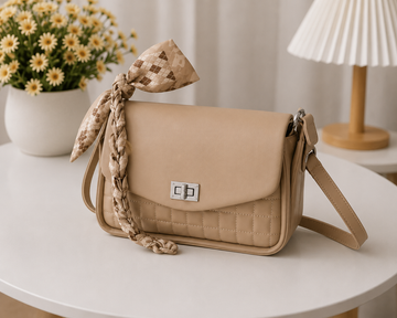 Beige Quilted Flap Crossbody Bag with Scarf Strap