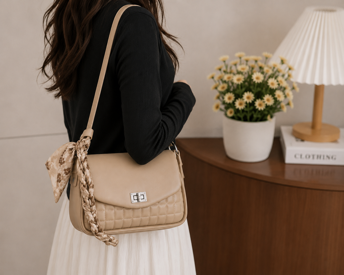 Beige Quilted Flap Crossbody Bag with Scarf Strap