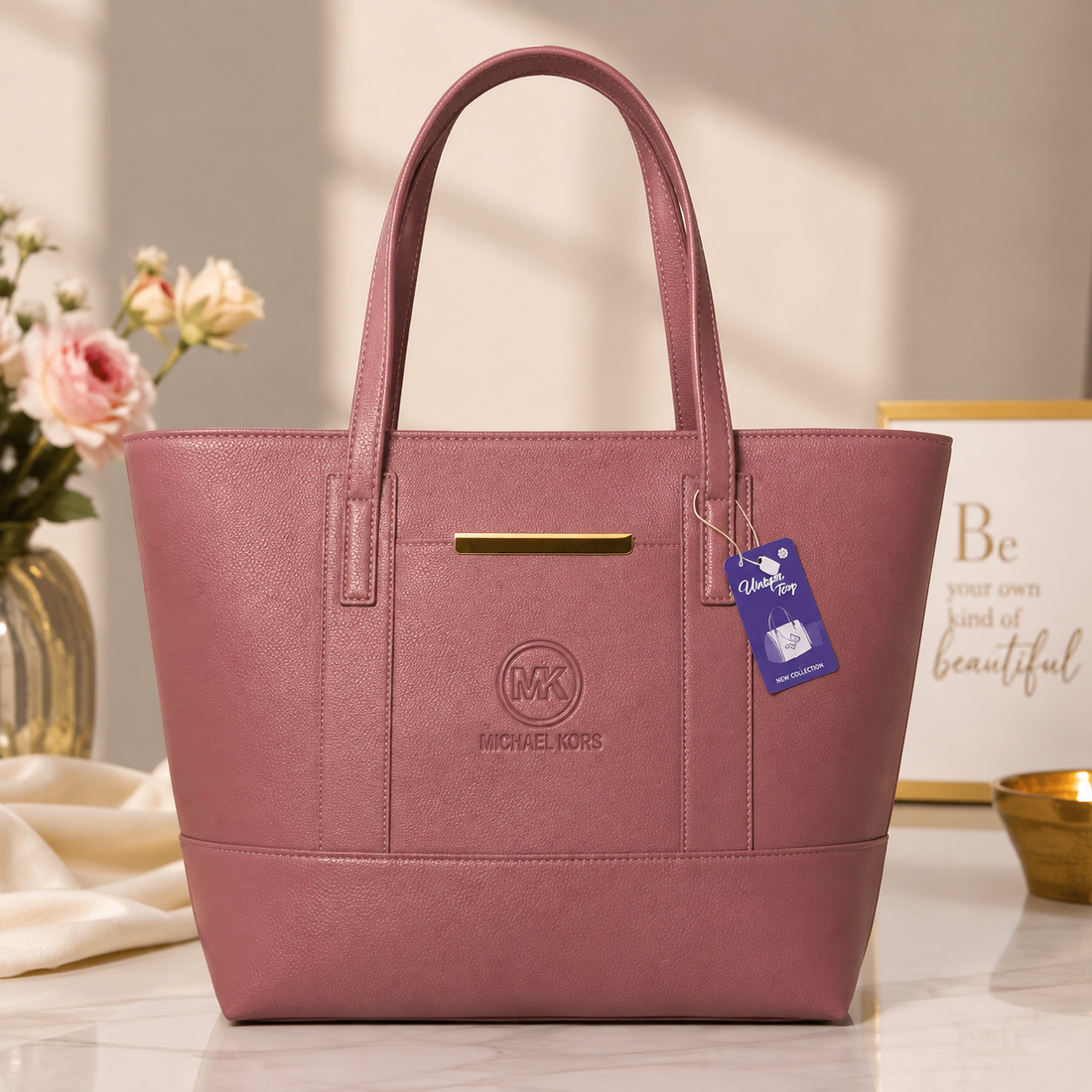MK Rose Pink Tote Bag - side angle view