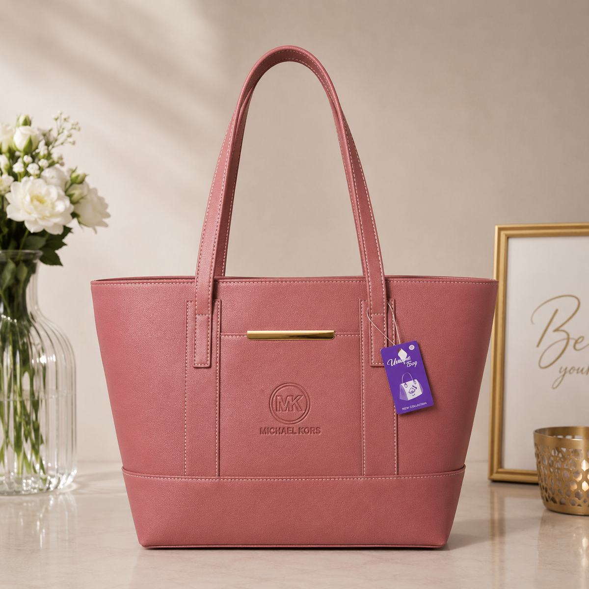 MK Brownish Mauve Tote Bag - side angle view
