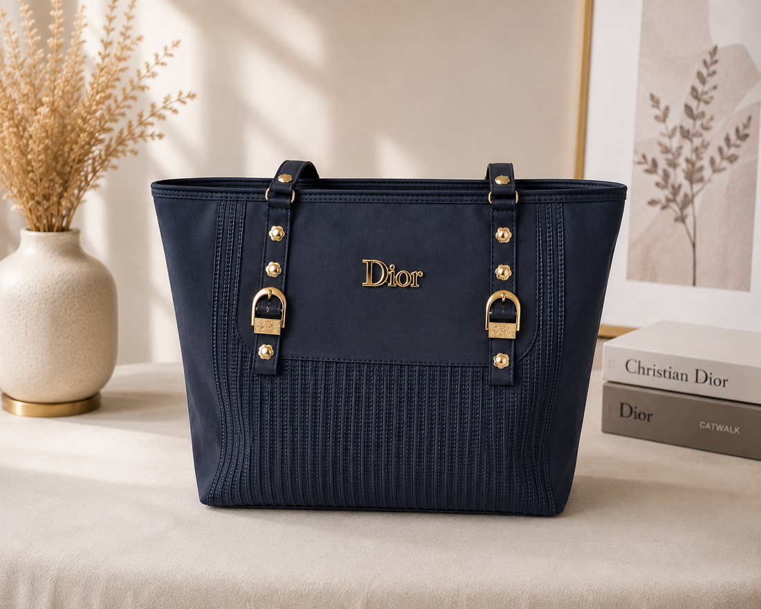 Dior Navy Blue Studded Tote Bag - front view