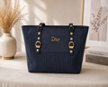 Dior Navy Blue Studded Tote Bag - front view