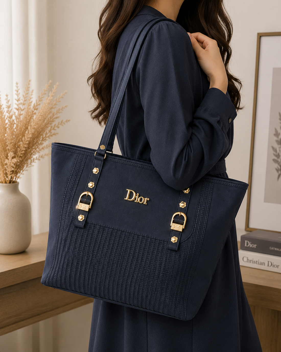 Dior Navy Blue Studded Tote Bag - front view