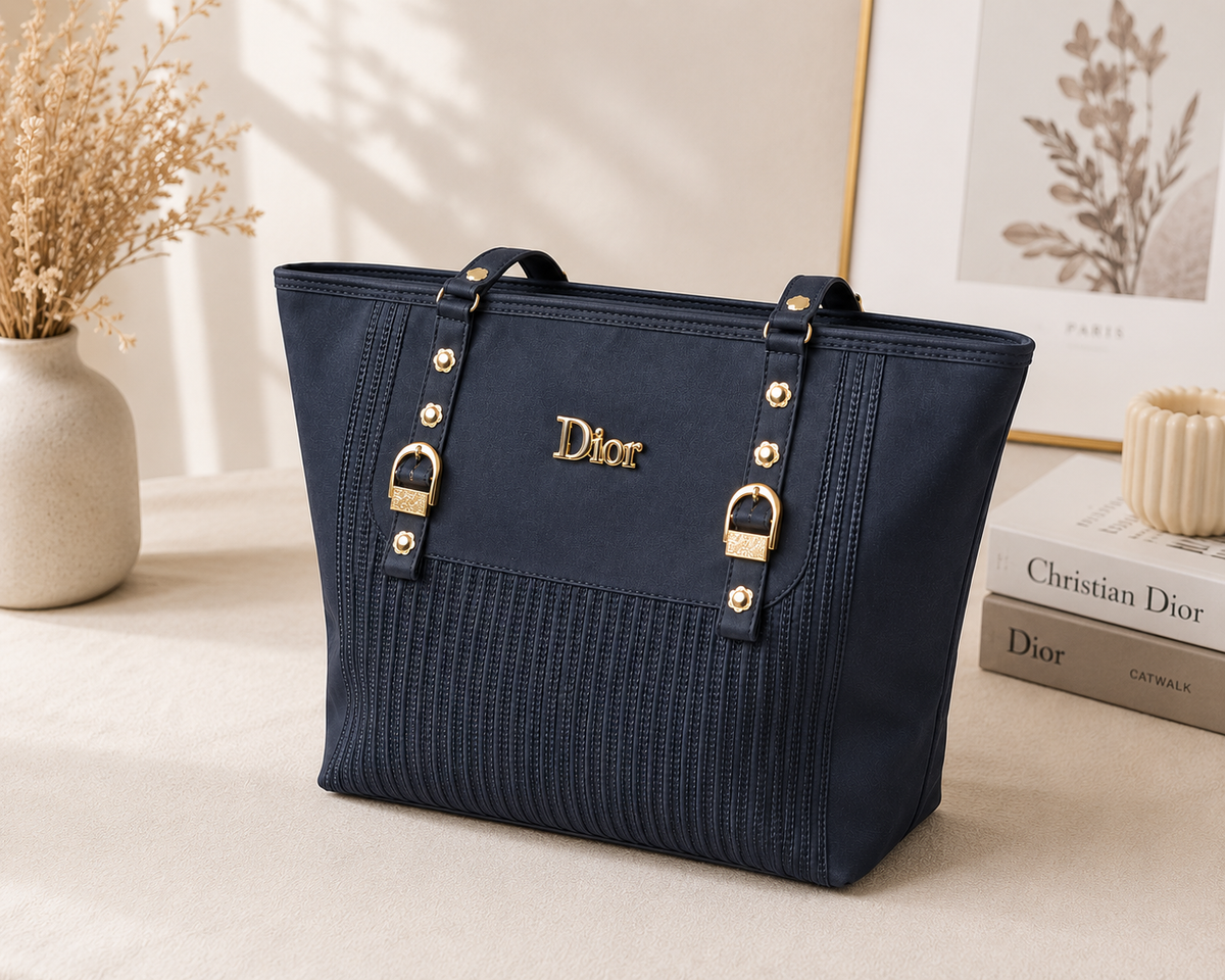 Dior Navy Blue Studded Tote Bag - side angle view