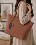Nautica Tan Tote Bag - model wearing on shoulder