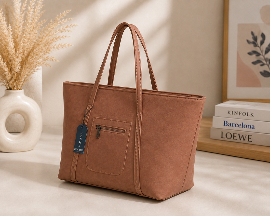 Nautica Tan Tote Bag - model wearing on shoulder