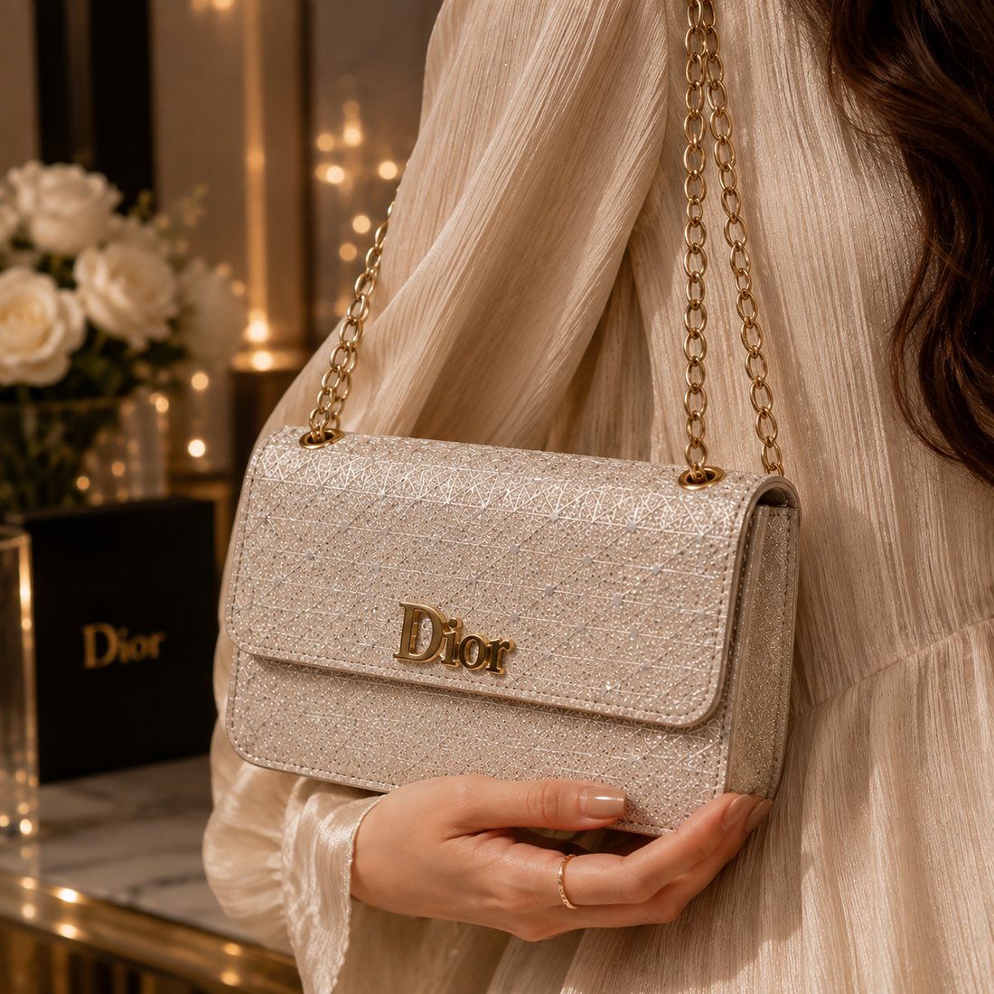 Dior Silver Glitter Chain Bag - model wearing
