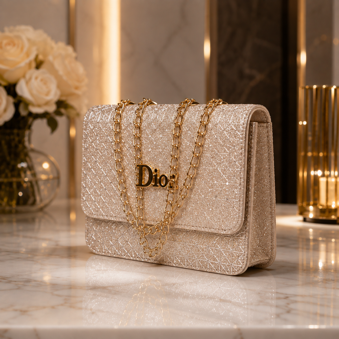 Dior Silver Glitter Chain Bag - model wearing