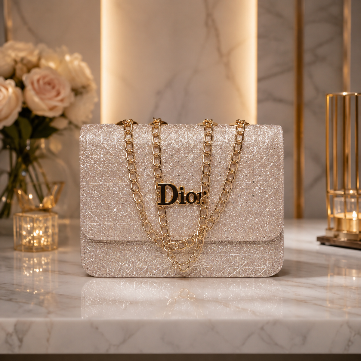 Dior Silver Glitter Chain Bag - close up detail