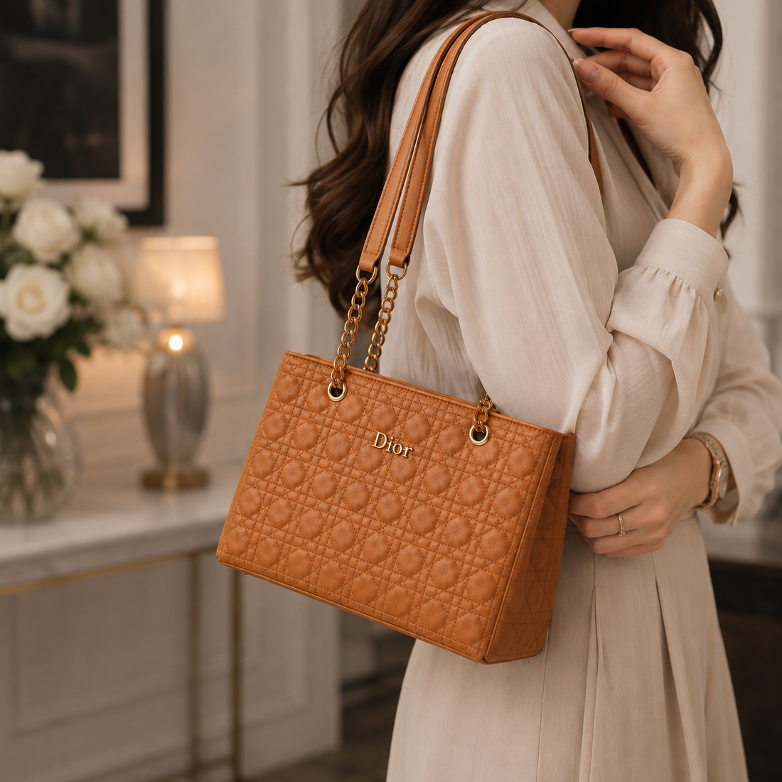 Dior Tan Quilted Chain Tote Bag - front product view