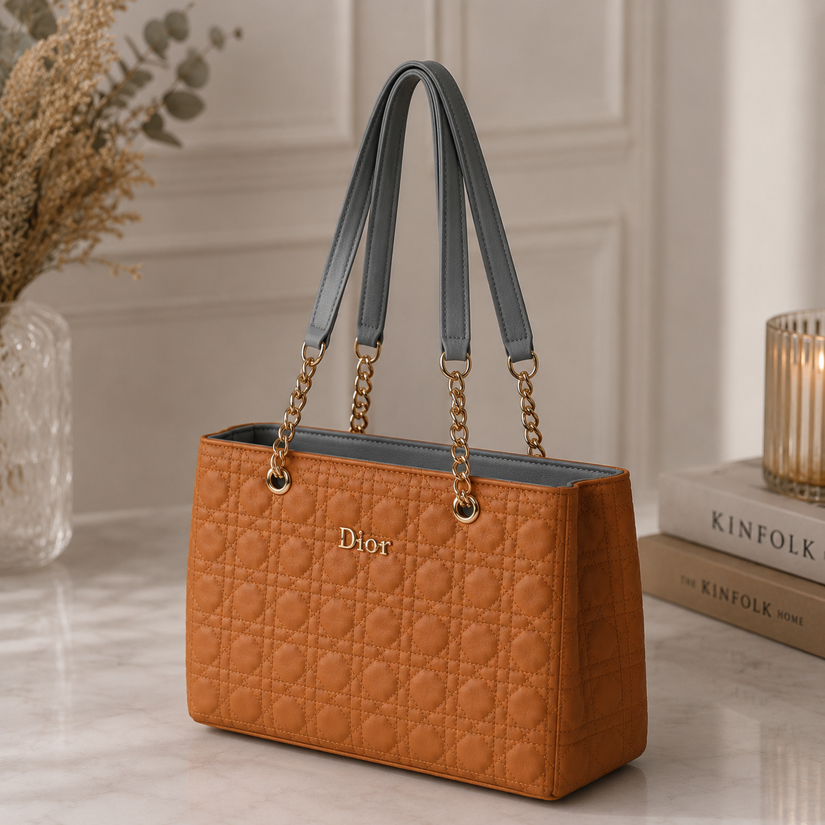 Dior Tan Quilted Chain Tote Bag - side angle product view