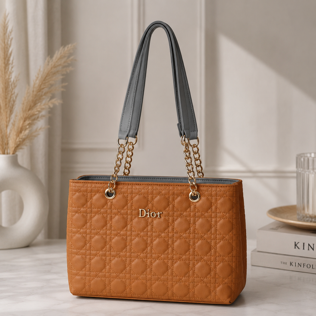 Dior Tan Quilted Chain Tote Bag - front product view