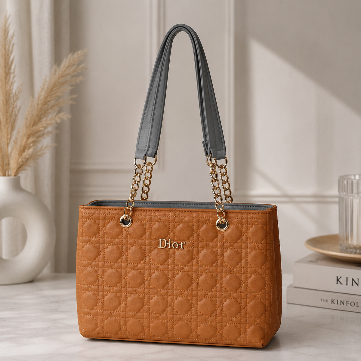 Dior Tan Quilted Chain Tote Bag - front product view
