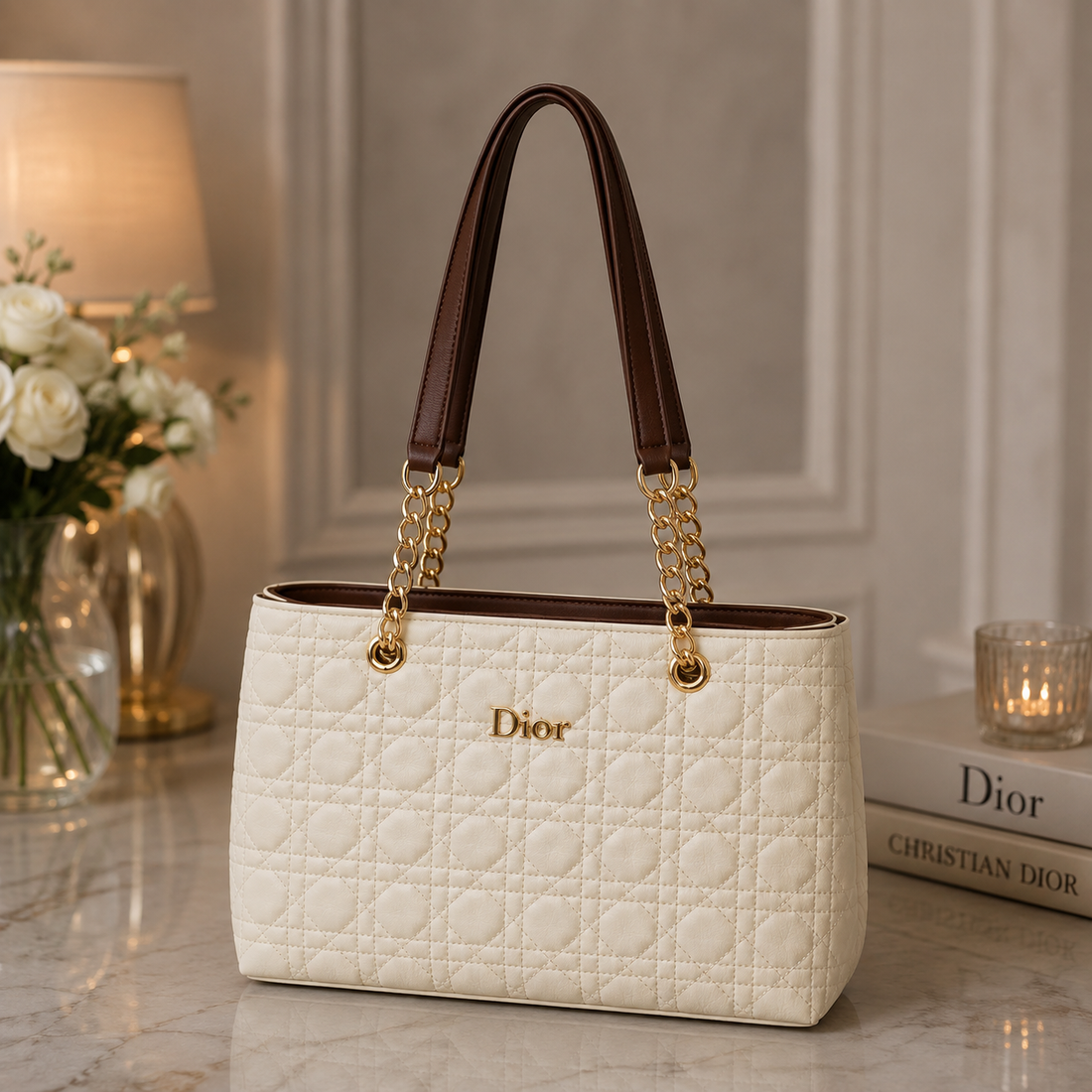 Dior Ivory Quilted Chain Tote Bag - front product view