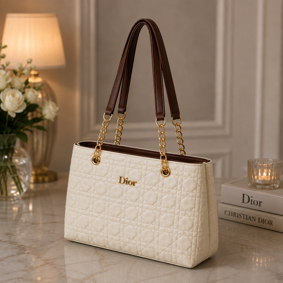 Dior Ivory Quilted Chain Tote Bag - side angle view